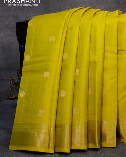 Pure kanjivaram silk saree lime yellow and teal blue with allover zari checks & buttas and zari woven border