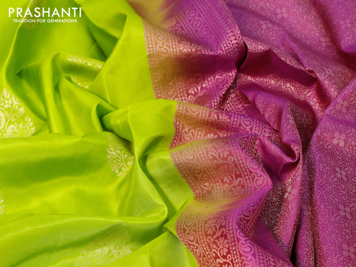 Pure kanjivaram silk saree light green and purple with zari woven buttas in borderless style