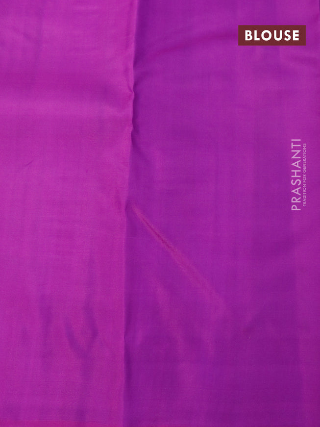 Pure kanjivaram silk saree teal blue and purple with silver zari woven buttas in borderless style