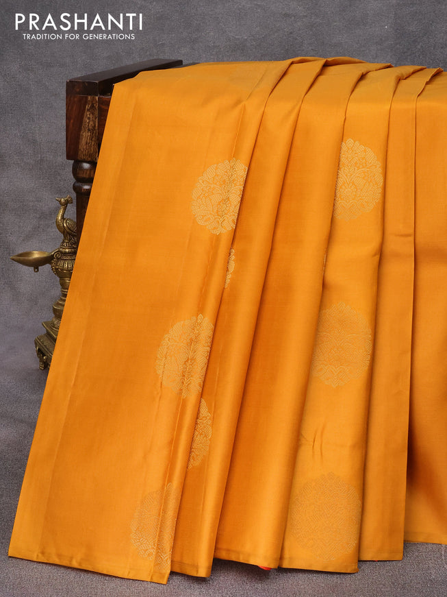 Pure kanjivaram silk saree mustard yellow and dual shade of pinkish orange with zari woven buttas in borderless style