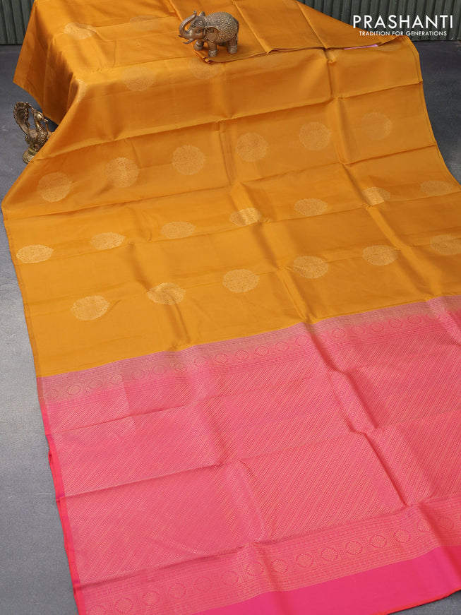 Pure kanjivaram silk saree mustard yellow and dual shade of pinkish orange with zari woven buttas in borderless style