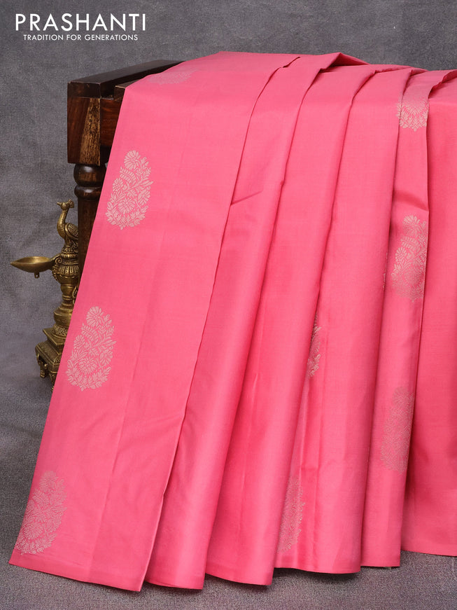 Pure kanjivaram silk saree pink shade and beige with silver zari woven buttas in borderless style