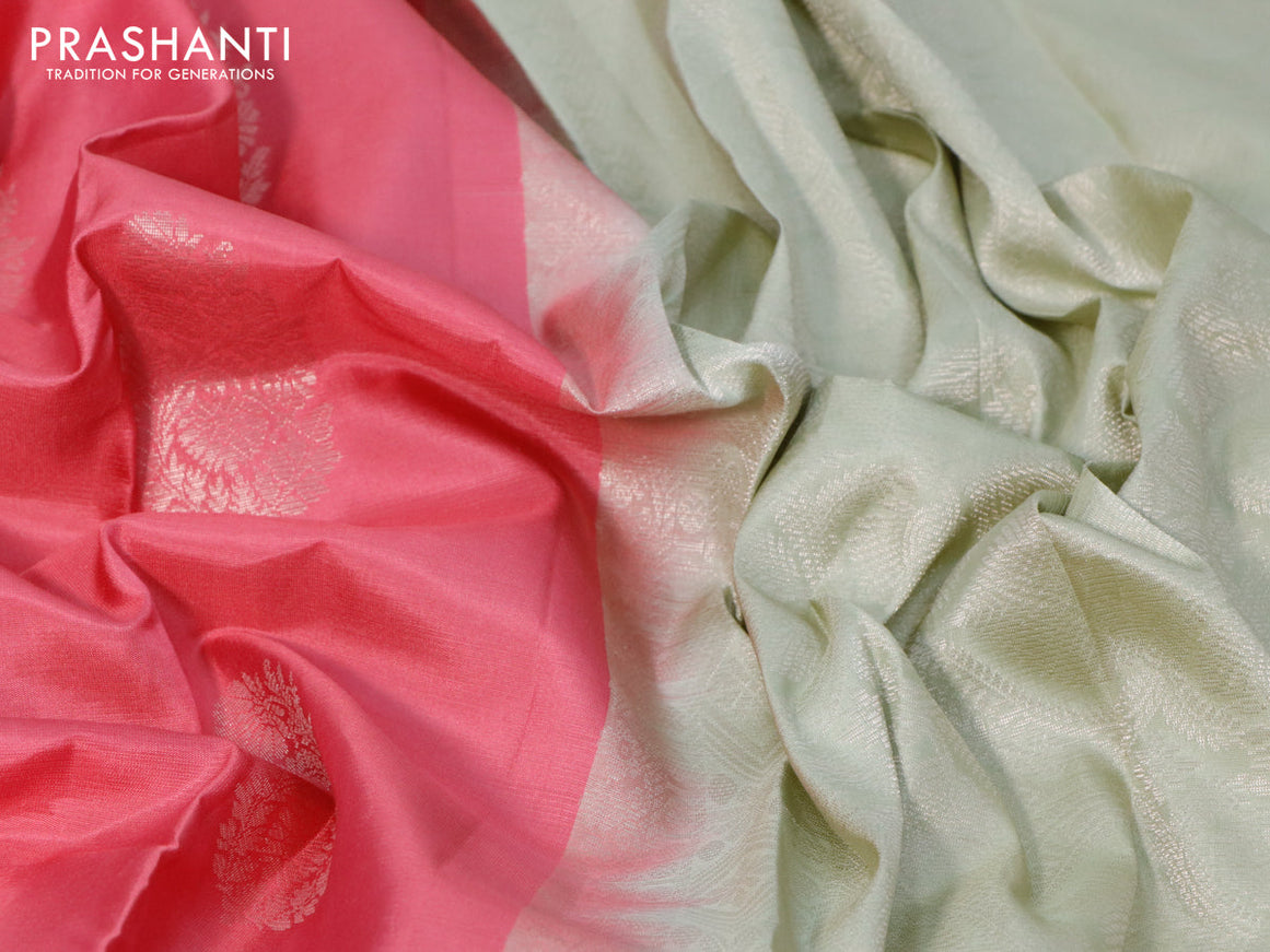 Pure kanjivaram silk saree pink shade and beige with silver zari woven buttas in borderless style