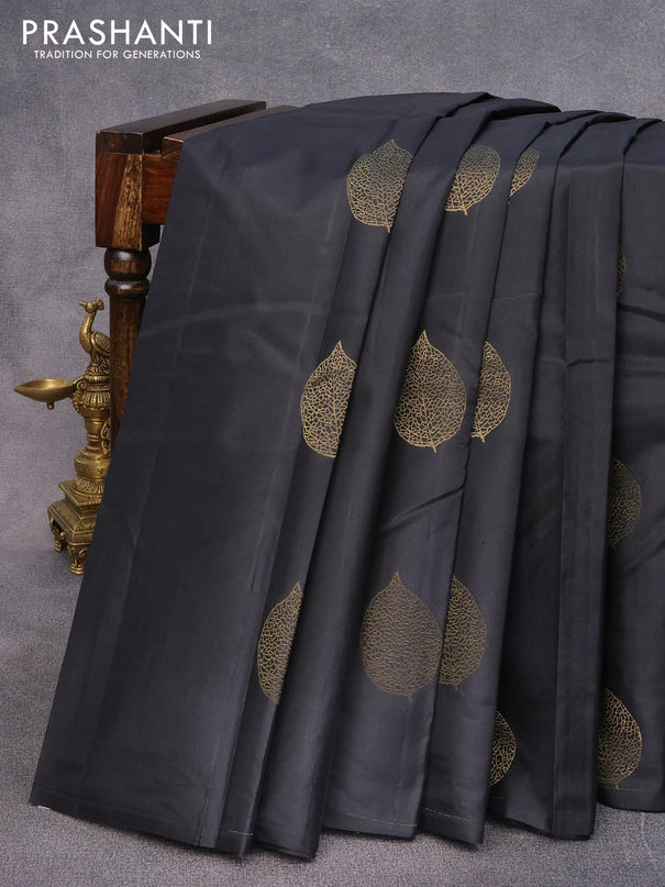 Pure kanjivaram silk saree black and light pink with zari woven leaf buttas in borderless style