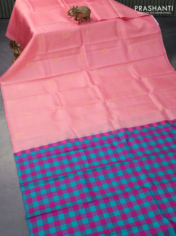 Pure kanjivaram silk saree peach pink and multi colour with zari woven buttas in borderless style