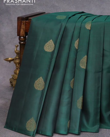 Pure kanjivaram silk saree dark green and light blue with zari woven buttas in borderless style