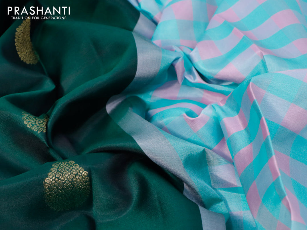 Pure kanjivaram silk saree dark green and light blue with zari woven buttas in borderless style