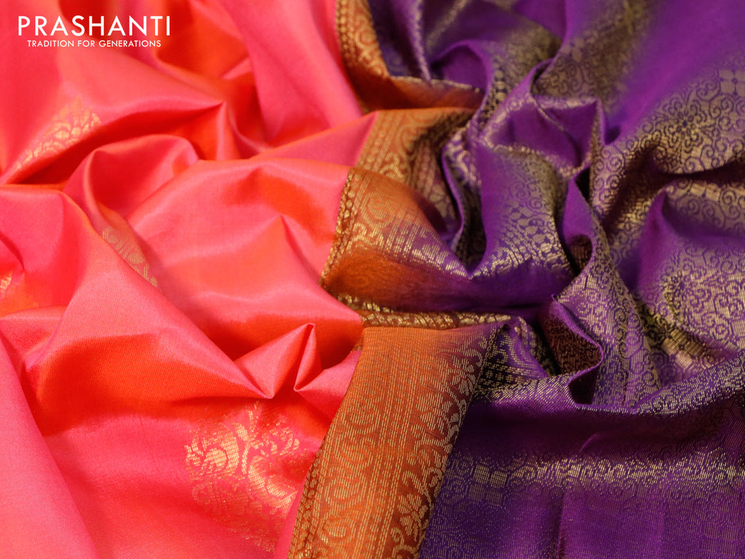Pure kanjivaram silk saree dual shade of pinkish orange and violet with zari woven buttas in borderless style