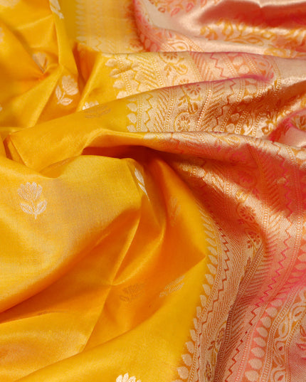 Pure kanjivaram silk saree mustard yellow and pink with floral zari woven buttas and zari woven border