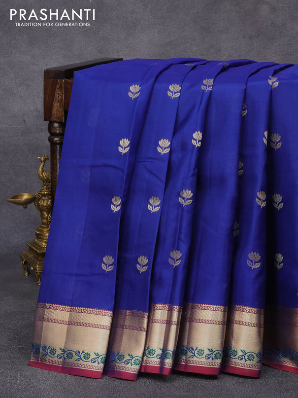 Pure kanjivaram silk saree blue and maroon with floral zari woven buttas and zari woven border