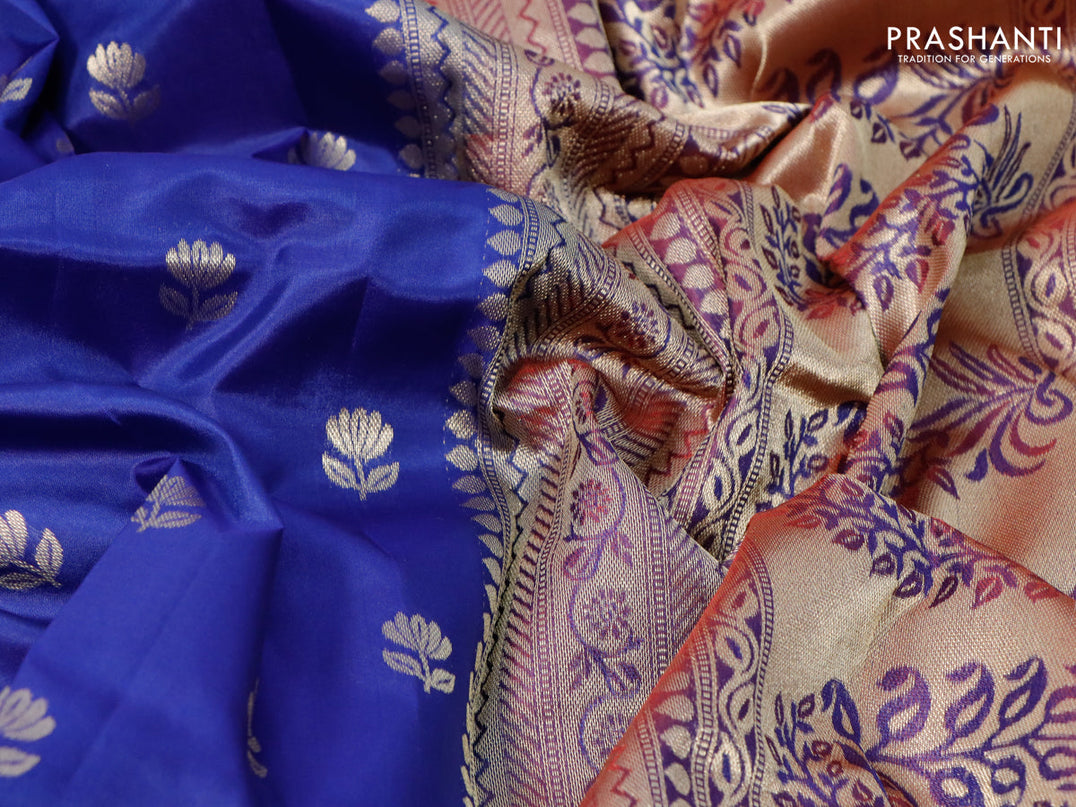Pure kanjivaram silk saree blue and maroon with floral zari woven buttas and zari woven border
