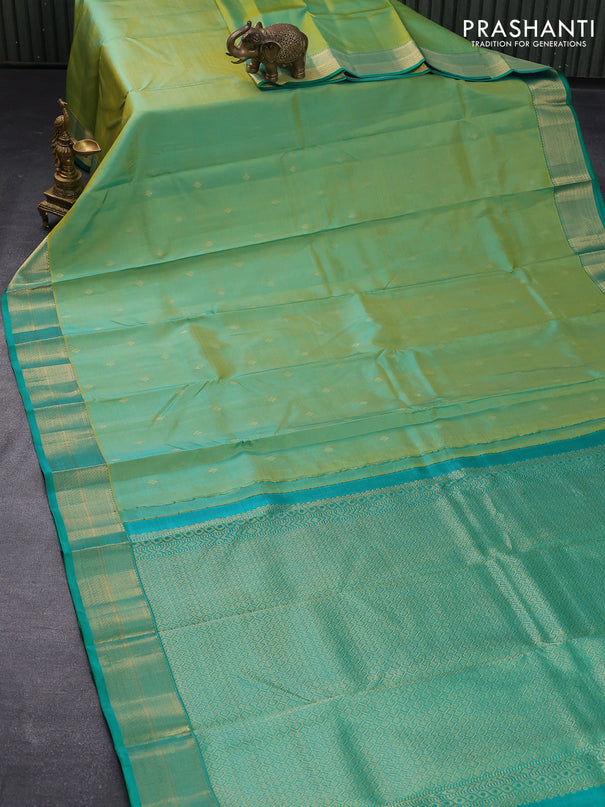 Pure kanjivaram silk saree dual shade of yellowish green and green with zari woven buttas and zari woven border