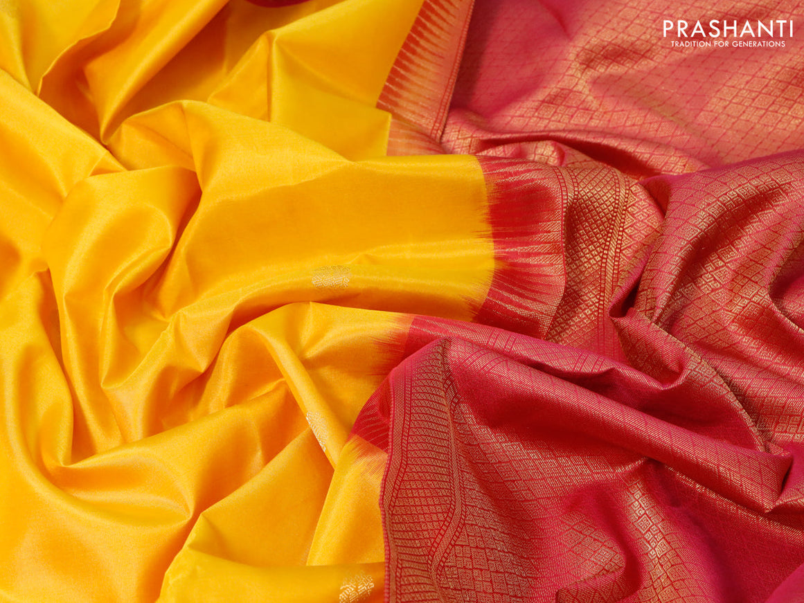 Pure kanjivaram silk saree mustard yellow and pink with zari woven buttas and temple design zari woven border