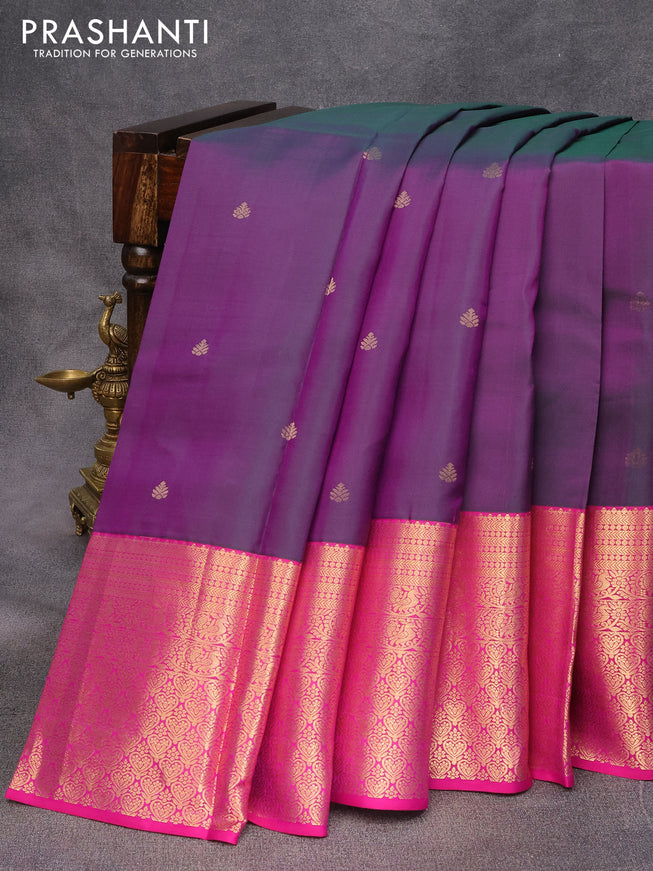 Pure kanjivaram silk saree dual shade of deep purple and pink with zari woven buttas and long zari woven border