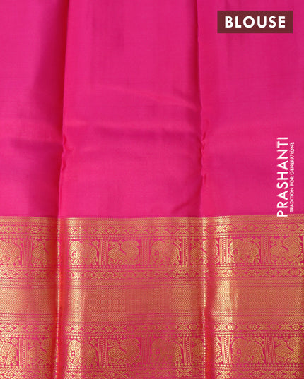 Pure kanjivaram silk saree lime yellow and pink with allover zari weaves and long zari woven korvai border