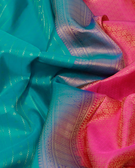 Pure kanjivaram silk saree teal blue and pink with allover zari weaves and long zari woven korvai border
