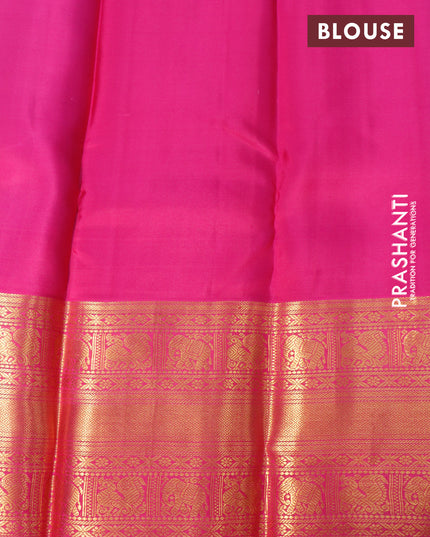 Pure kanjivaram silk saree teal blue and pink with allover zari weaves and long zari woven korvai border