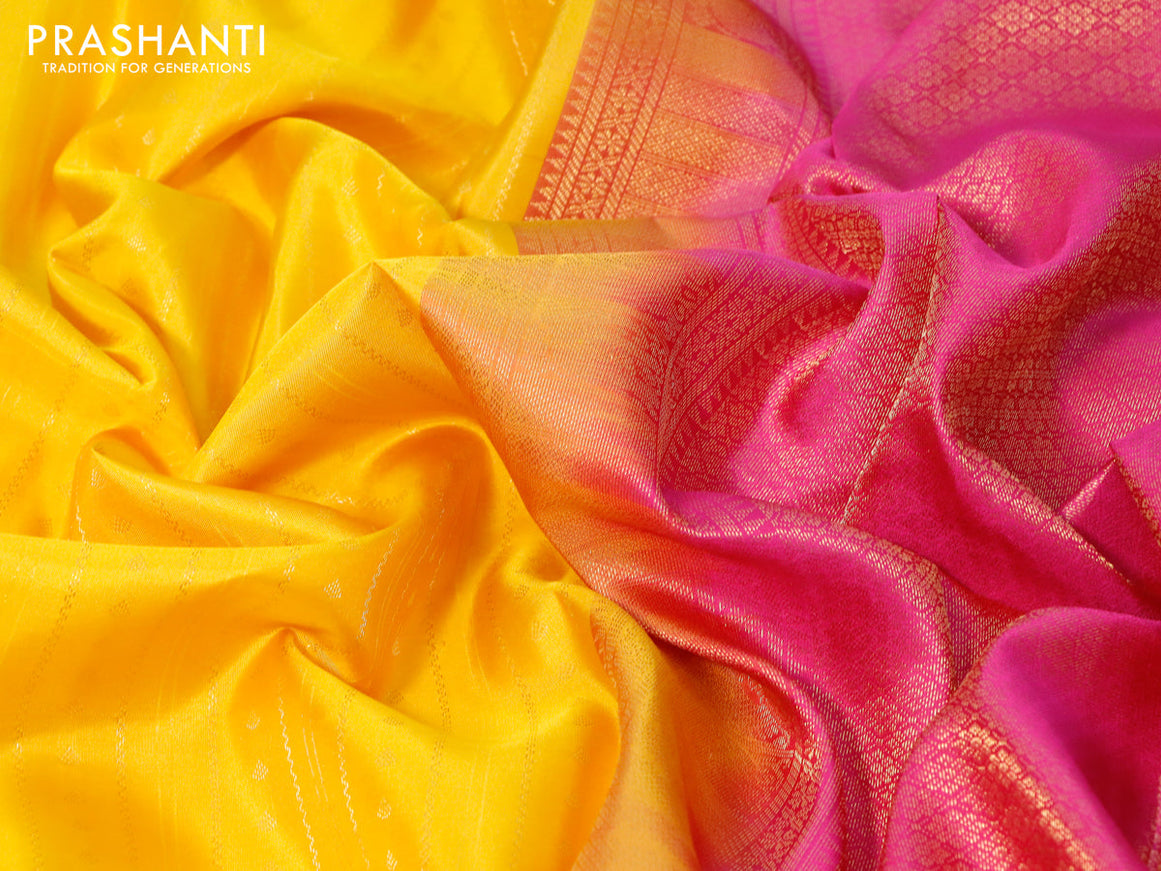 Pure kanjivaram silk saree mango yellow and pink with allover zari weaves and long zari woven korvai border