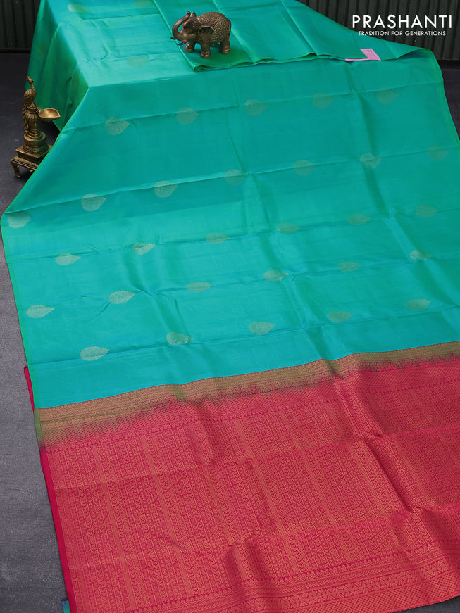 Pure kanjivaram silk saree teal greenish blue and pink with zari woven buttas in borderless style