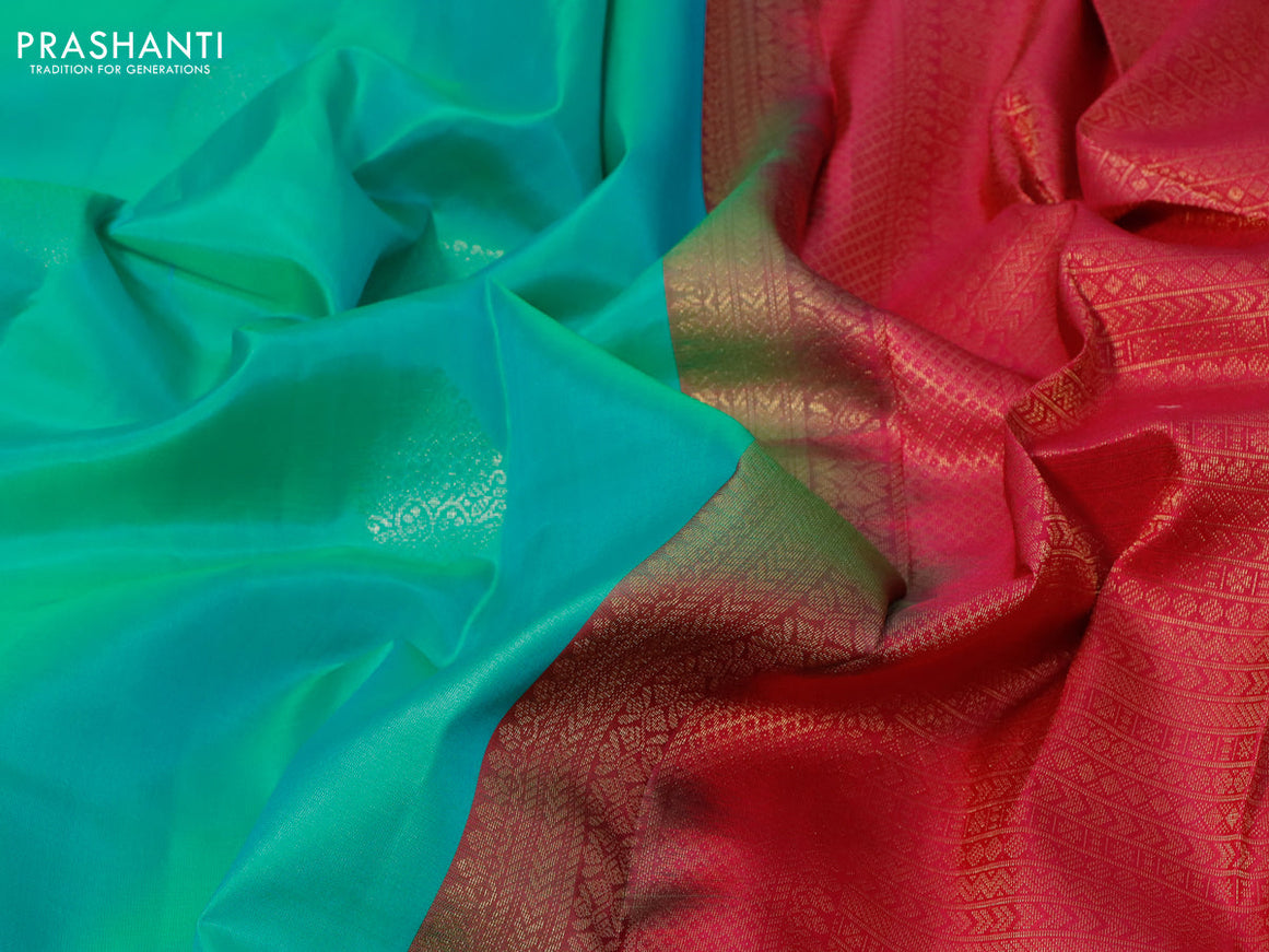 Pure kanjivaram silk saree teal greenish blue and pink with zari woven buttas in borderless style