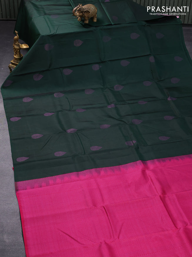 Pure kanjivaram silk saree bottle green and pink with pink zari woven buttas in borderless style
