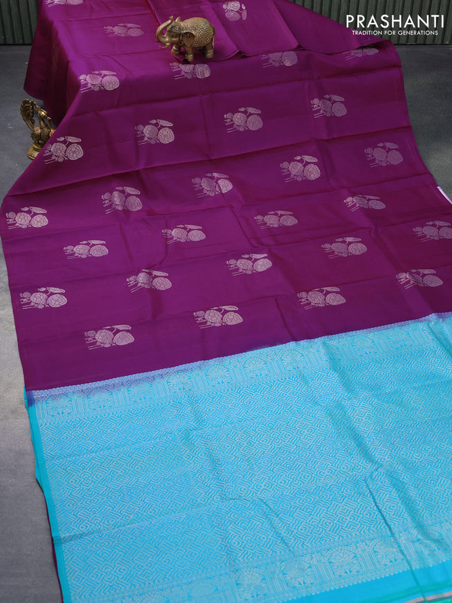 Pure kanjivaram silk saree deep purple and teal blue with silver zari woven buttas in borderless style