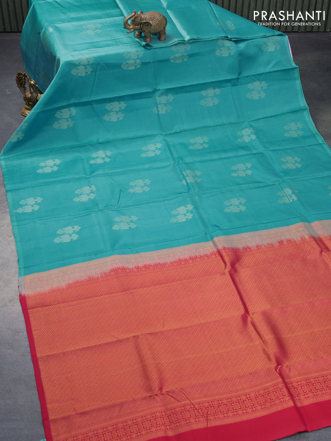 Pure kanjivaram silk saree light blue and maroon with peacock zari woven buttas in borderless style