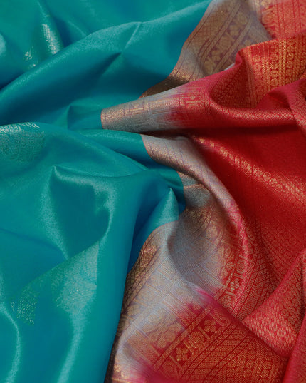 Pure kanjivaram silk saree light blue and maroon with peacock zari woven buttas in borderless style