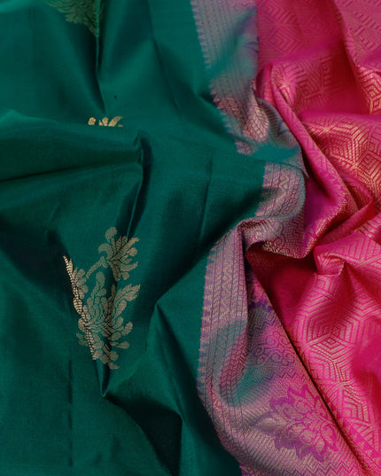 Pure kanjivaram silk saree green and pink with zari woven buttas in borderless style