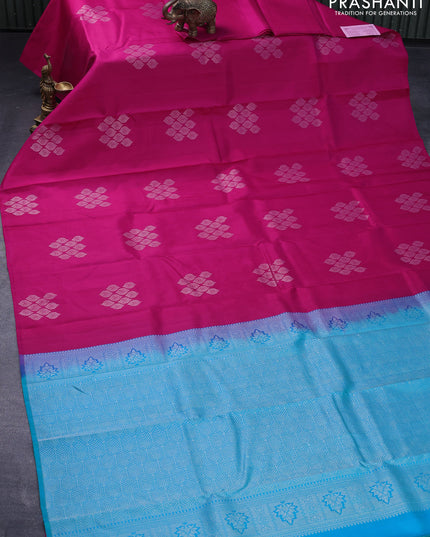 Pure kanjivaram silk saree pink and teal blue with silver zari woven buttas in borderless style