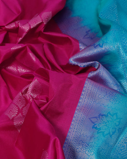 Pure kanjivaram silk saree pink and teal blue with silver zari woven buttas in borderless style