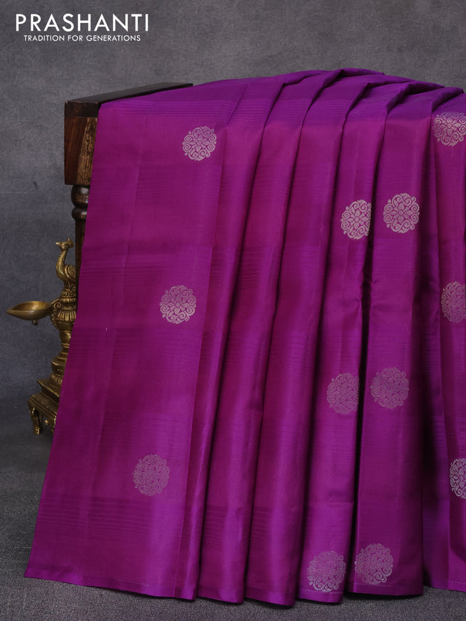 Pure kanjivaram silk saree violet and teal blue with silver zari woven buttas in borderless style