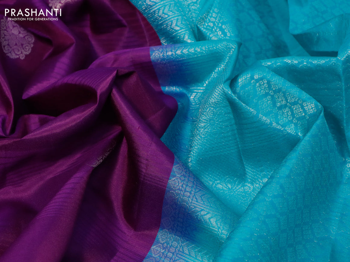 Pure kanjivaram silk saree violet and teal blue with silver zari woven buttas in borderless style