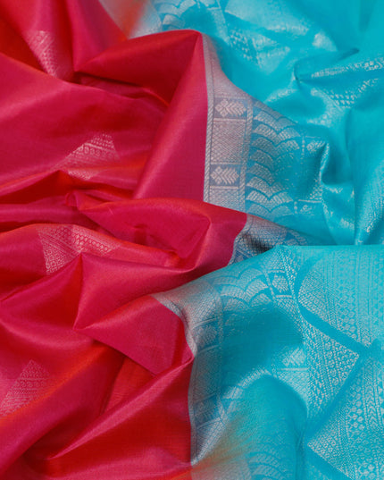 Pure kanjivaram silk saree dual shade of pinkish orange and teal blue with zari woven geometric buttas in borderless style