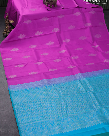 Pure kanjivaram silk saree pink and dual shade of teal blue with silver zari woven buttas in borderless style