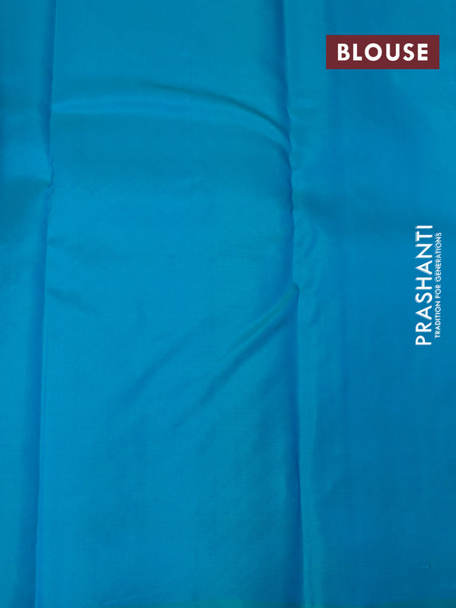 Pure kanjivaram silk saree pink and dual shade of teal blue with silver zari woven buttas in borderless style
