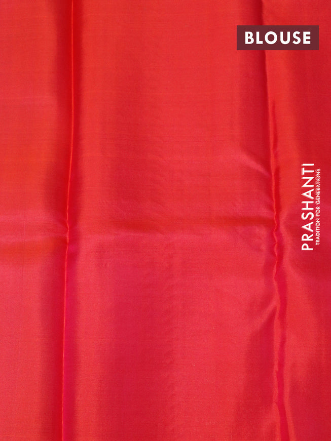 Pure kanjivaram silk saree teal blue and dual shade of pinkish orange with zari woven geometric buttas in borderless style