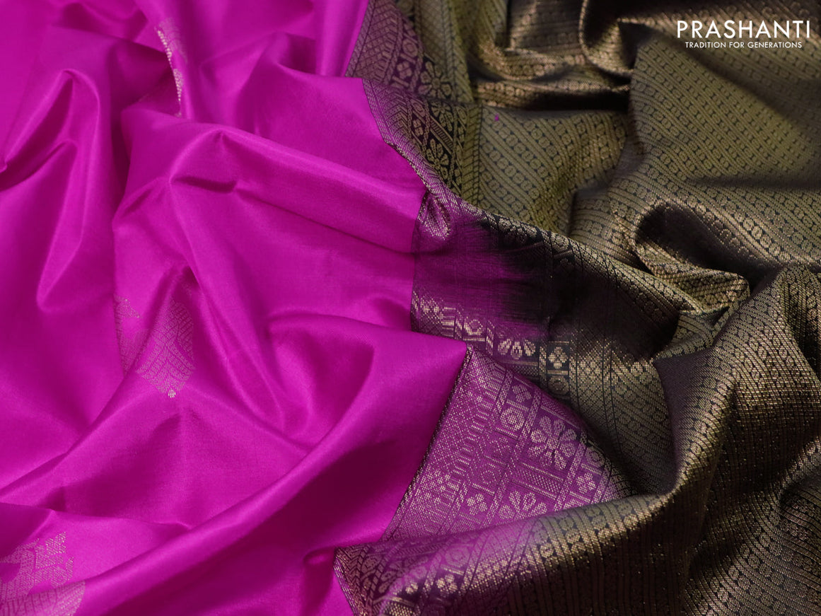 Pure kanjivaram silk saree pink and black with zari woven buttas in borderless style