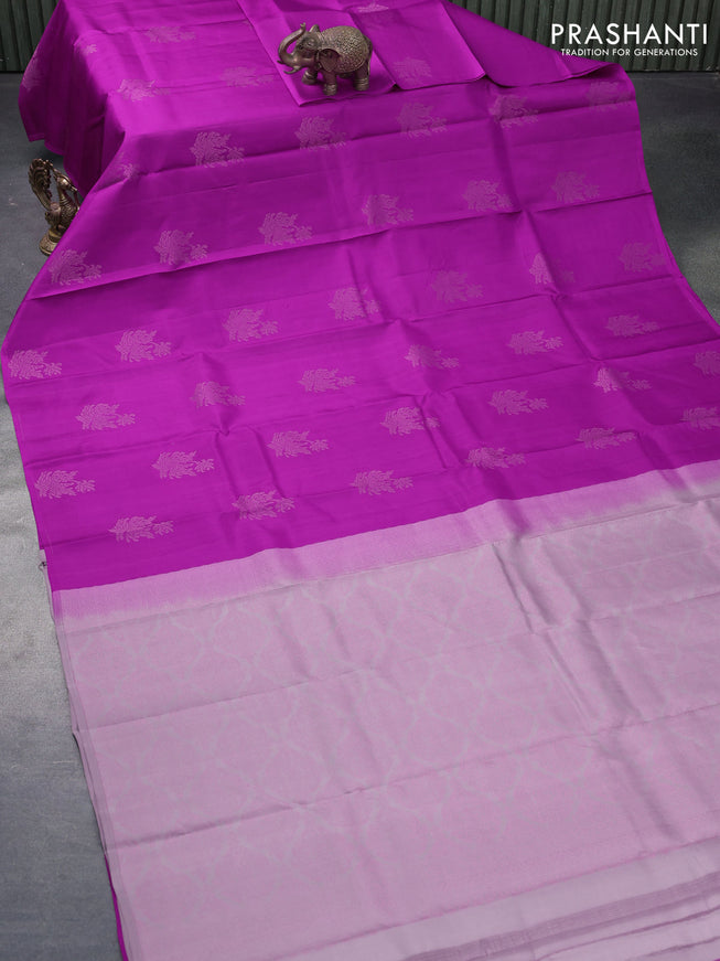 Pure kanjivaram silk saree purple and pastel brown with copper zari woven buttas in borderless style