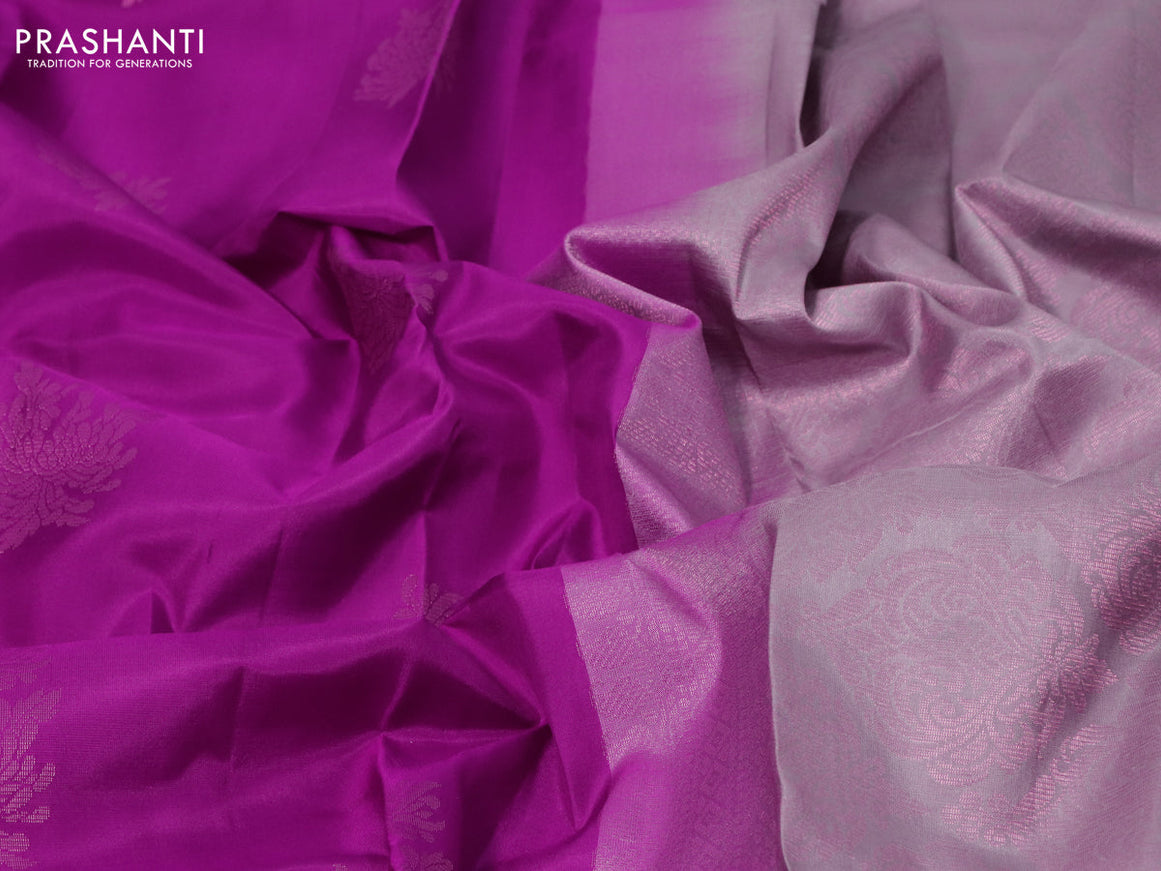 Pure kanjivaram silk saree purple and pastel brown with copper zari woven buttas in borderless style