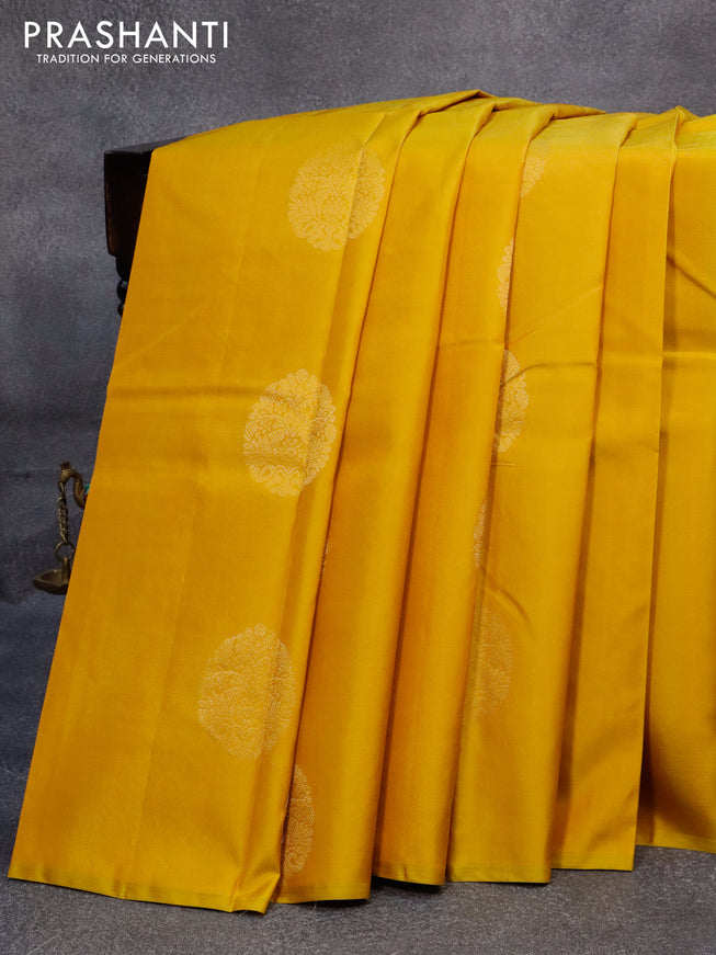 Pure kanjivaram silk saree mustard yellow and orange with zari woven buttas in borderless style