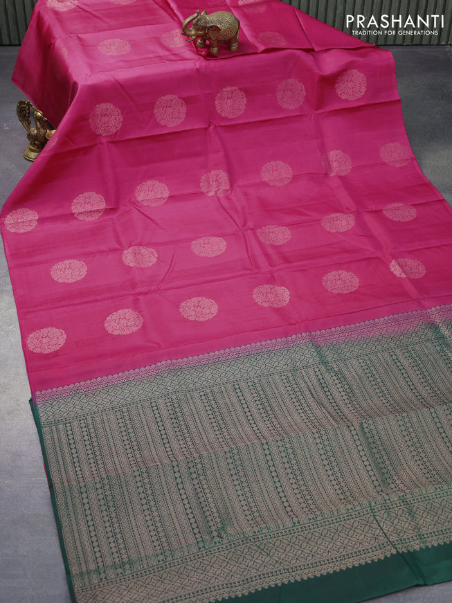 Pure kanjivaram silk saree pink and dark green with silver zari woven buttas in borderless style