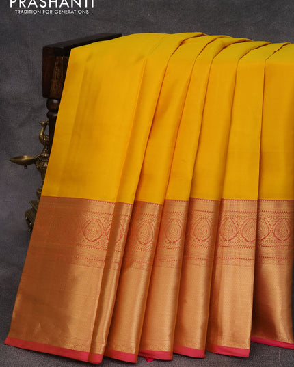 Pure kanjivaram silk saree mango yellow and pink with plain body and long zari woven border