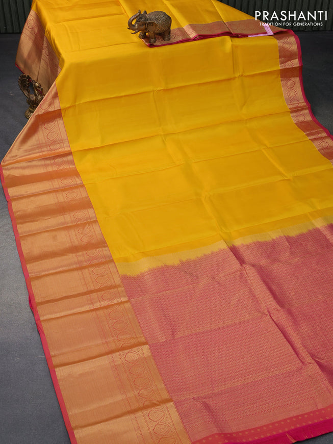 Pure kanjivaram silk saree mango yellow and pink with plain body and long zari woven border