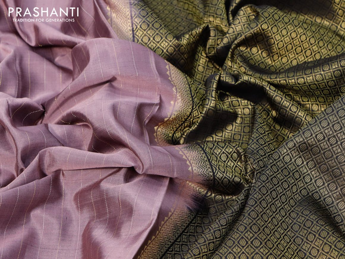 Pure kanjivaram silk saree pastel purple and black with allover zari stripes pattern and zari woven border