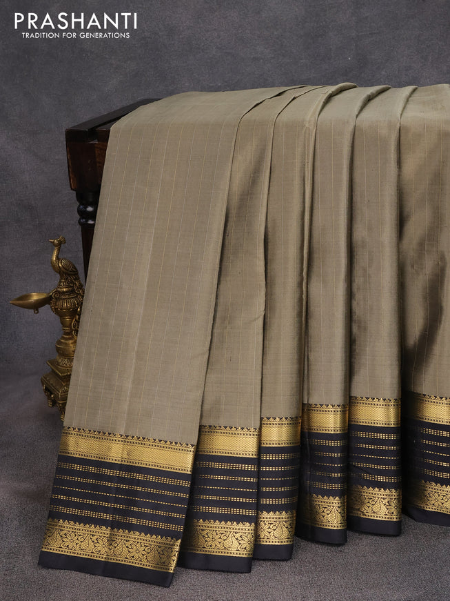 Pure kanjivaram silk saree grey and black with allover zari stripes pattern and zari woven border