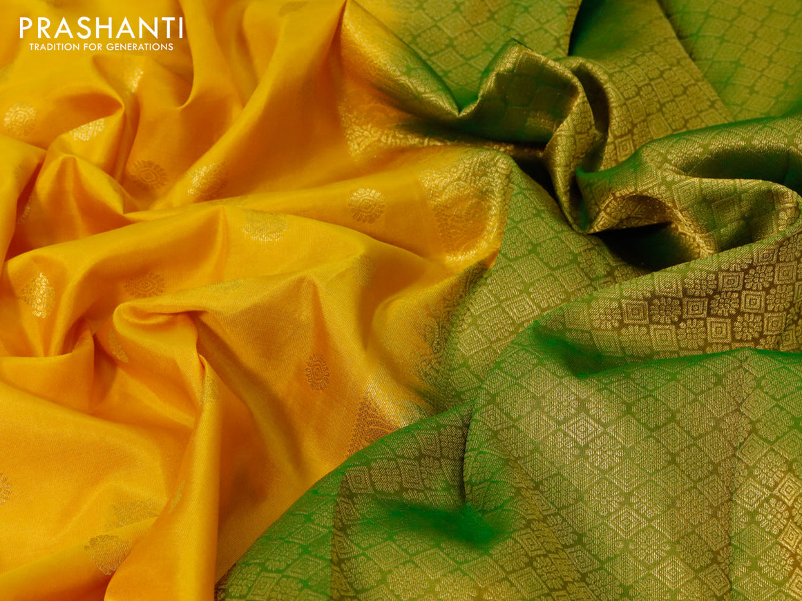 Pure kanjivaram silk saree mango yellow and green with zari woven buttas and zari woven border