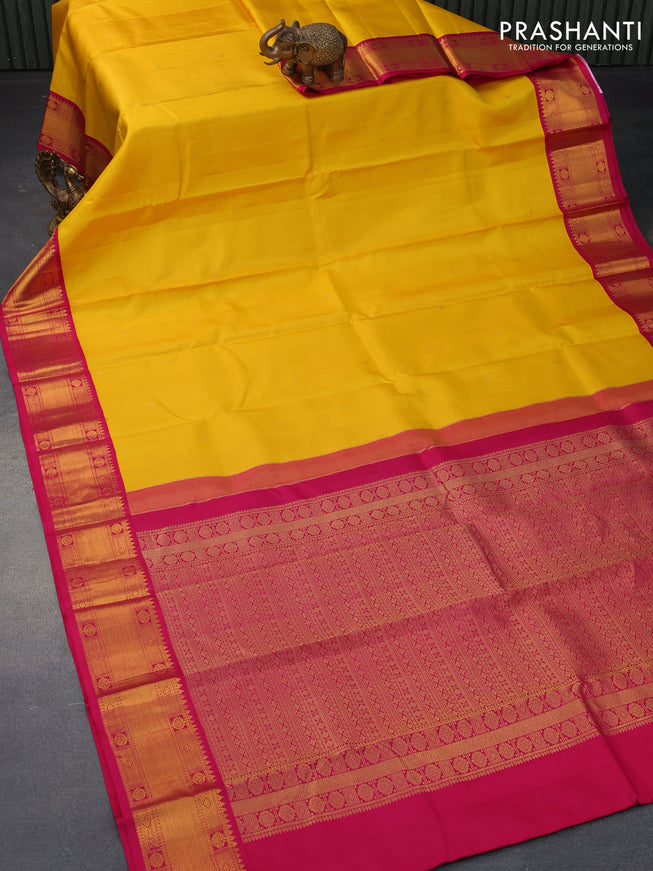 Pure kanjivaram silk saree mango yellow and pink with zari woven buttas and zari woven korvai border