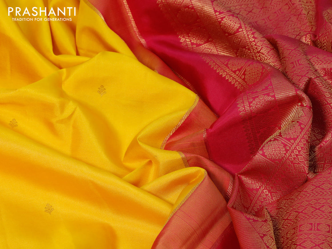 Pure kanjivaram silk saree mango yellow and pink with zari woven buttas and zari woven korvai border