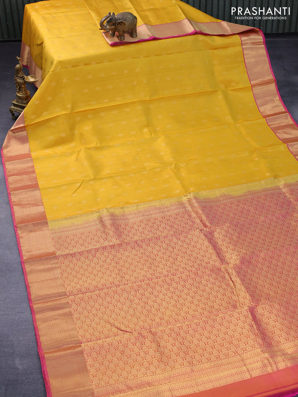 Pure kanjivaram silk saree mango yellow and pink with zari woven buttas and zari woven border